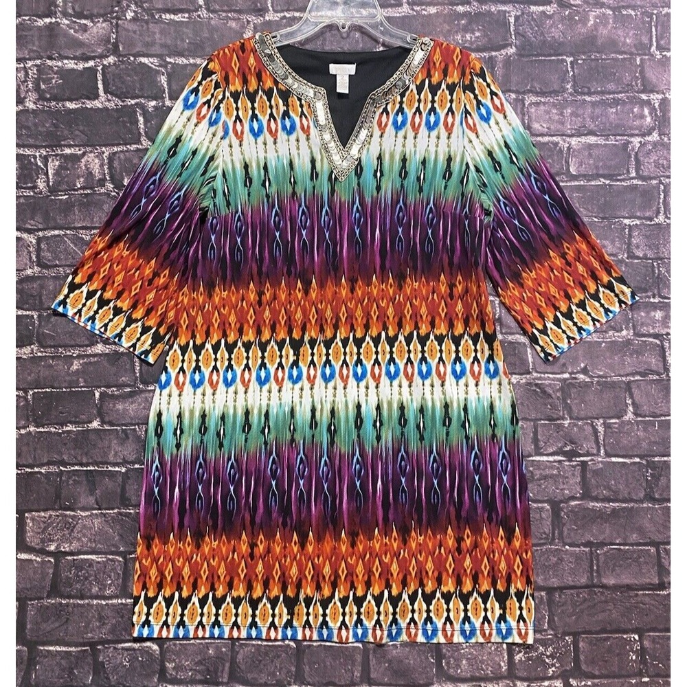 Chicos 2 Dress Women Large Orange Purple Green Tie Dye Sequin Stretch Boho Artsy